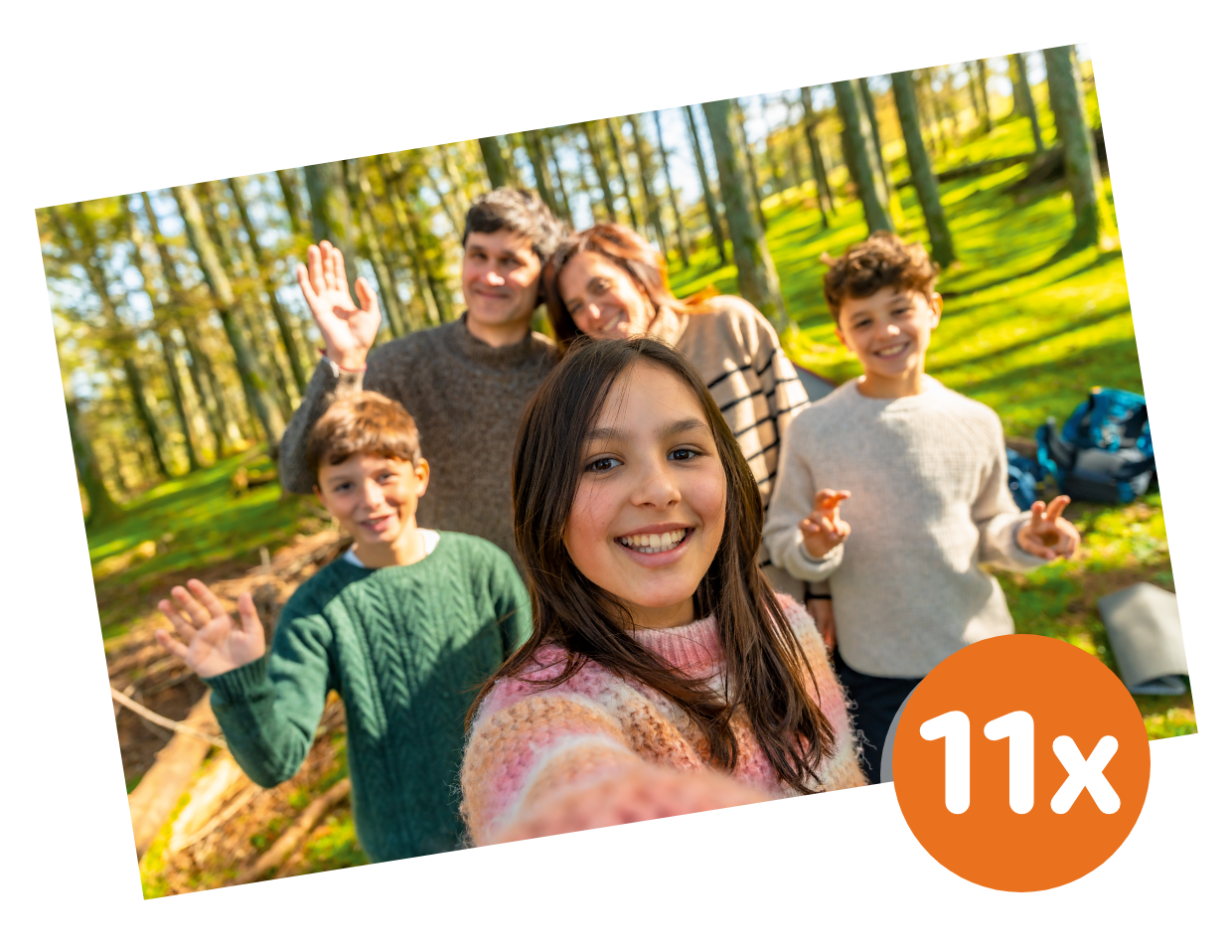 Gewinnabbildung Familien-Urlaub.
Urlaubsfoto einer 5-köpfigen Familie. Vater und Mutter mit ihren drei Kindern - die Tochter macht ein Selfie von allen in einem Wald. Abbildung ähnlich.