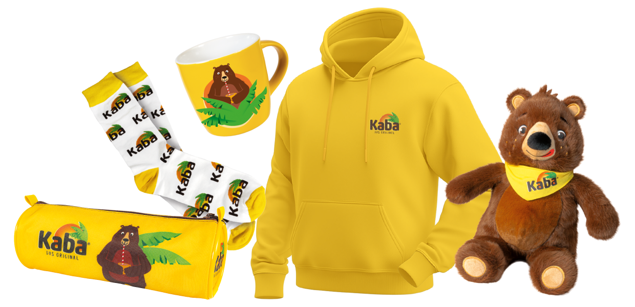 Abbildung der Prämien wie Etuis, Socken, Tassen, Hoodies und Kuschelbären im Kaba-Design