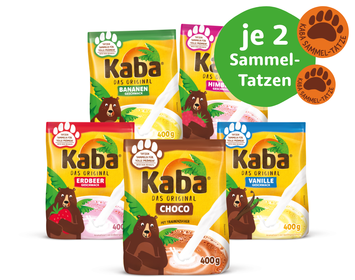 Abbildung teilnehmender Kaba Getränkepulver 400g mit je 2 Sammel-Tatzen