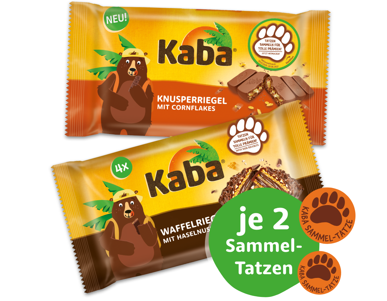 Abbildung teilnehmender Kaba Riegel mit je 2 Sammel-Tatzen