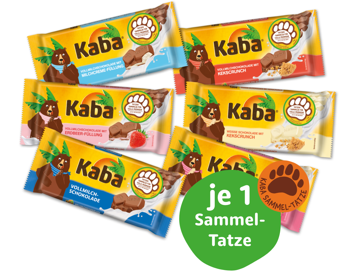 Abbildung teilnehmender Kaba Tafelschokoladen je 1 Sammel-Tatze